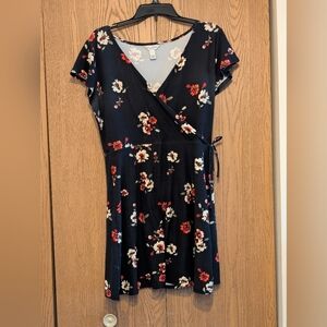 Floral Wrap Dress - Black and Red Cropped Flutter Sleeves